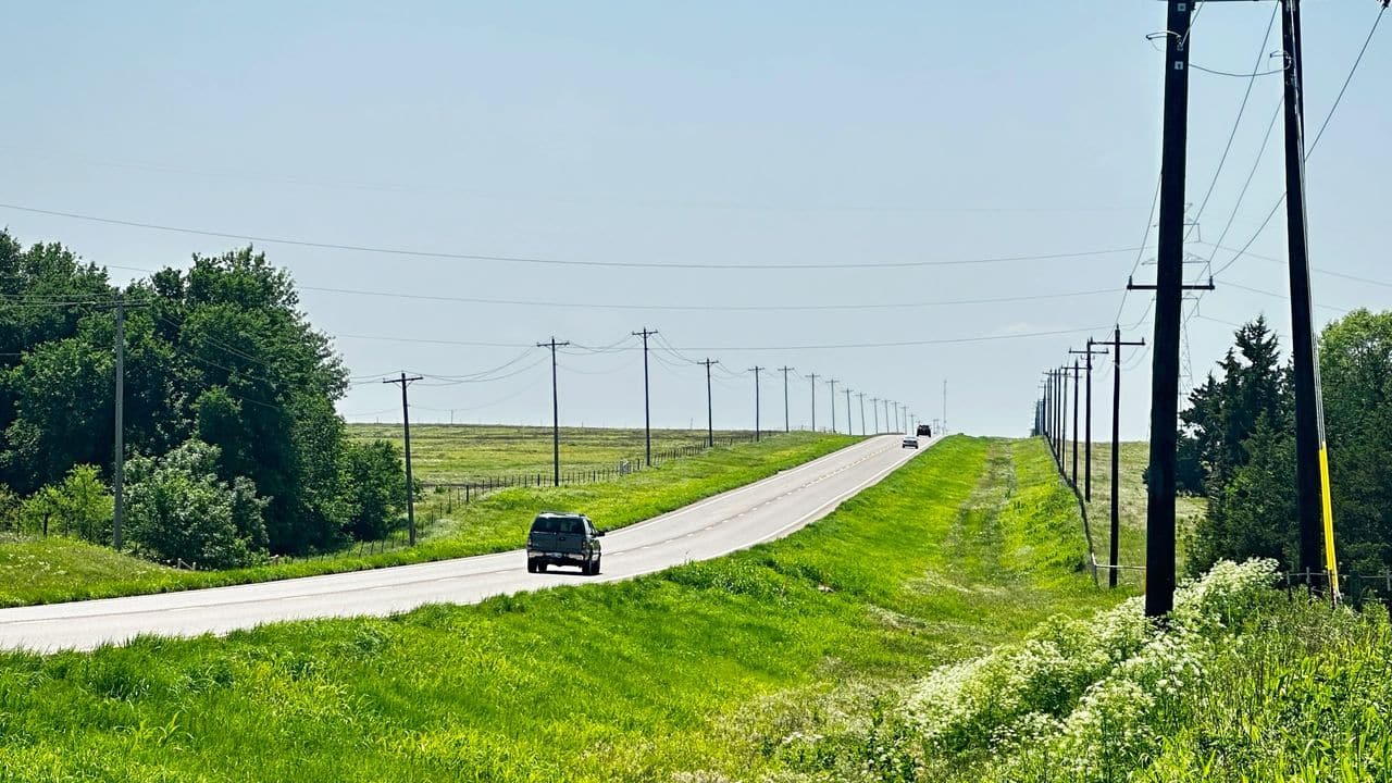 Silkwood crash site in May 2024. Her car crossed the middle of the road and crashed to the left of the vehicle in this picture. 