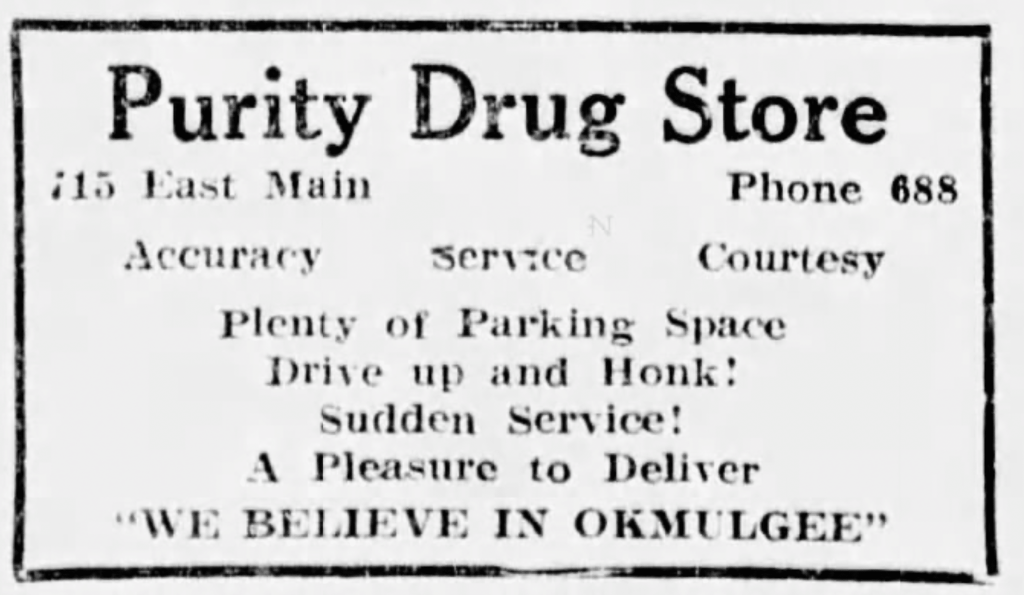 A vintage advertisement for Purity Drug Store, listing its address, phone number, and emphasizing services like accuracy, service, and courtesy.