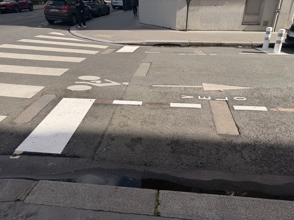 A street view showing a pedestrian crosswalk and a bike lane marked on the pavement, along with road signs indicating directions.